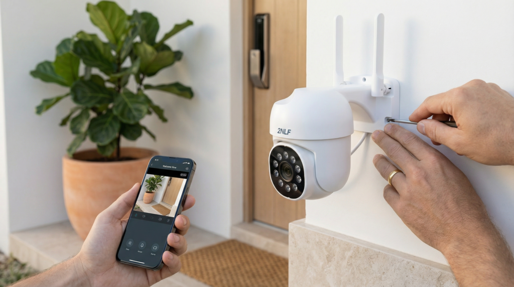 La Cámara Que Vigila Todo Mientras Tú Vives Tranquilo Cámara de seguridad domo PTZ Full HD 2MP con visión nocturna a color. Rotación 360° y inclinación 90°, audio bidireccional, detección de movimiento con alarma. WiFi 5GHz/2.4GHz, almacenamiento microSD 128GB, IP66 resistente al agua. Ideal para interior y exterior. Incluye accesorios de instalación.