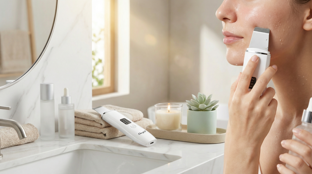 Limpiador facial ultrasónico con 26000 Hz de vibración. 4 modos de limpieza, función Ion+/Ion-, eliminación de puntos negros y acné. Batería recargable USB, a prueba de agua, incluye accesorios. Ideal para todo tipo de piel.