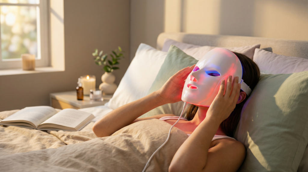 Máscara LED con 7 colores para fototerapia facial. 9 niveles de intensidad, 4 modos de parpadeo, temporizador hasta 60 segundos. Apta para uso doméstico y profesional. Controla luz, color e intensidad desde el control remoto. Ideal para acné, arrugas y rejuvenecimiento.