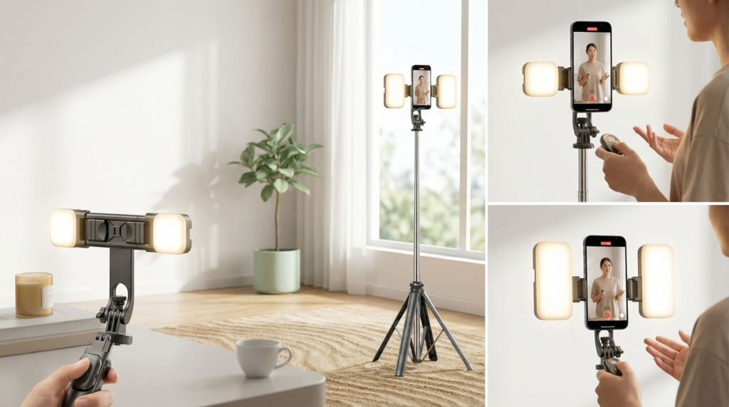 El Trípode con Luz que Todo Creador de Contenido Necesita en 2026 Palo selfie con trípode, seguimiento facial automático 360°, 2 luces de relleno integradas. Altura retráctil 35-180cm, batería 1200mAh (2-4 horas), control remoto Bluetooth, interfaz de expansión 1/4. Ideal para creadores, transmisiones en vivo y fotografía profesional. Incluye control remoto y cable USB.