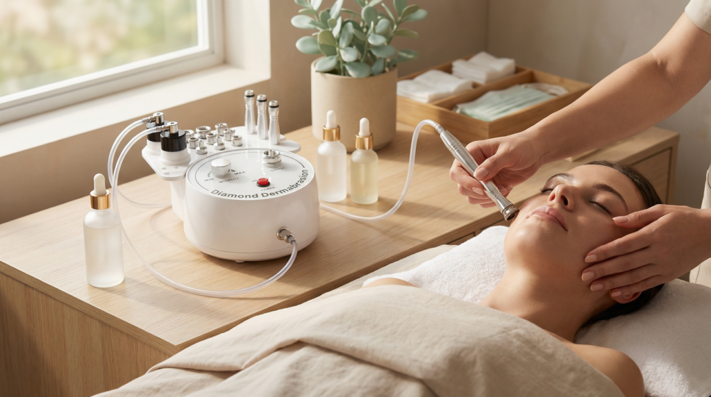 Máquina de microdermoabrasión 3 en 1 con 9 cabezales de diamante intercambiables. Función de vacío, pulverización y peeling facial. 22W de potencia, acero inoxidable médico. Ideal para salones, spas y uso doméstico avanzado.