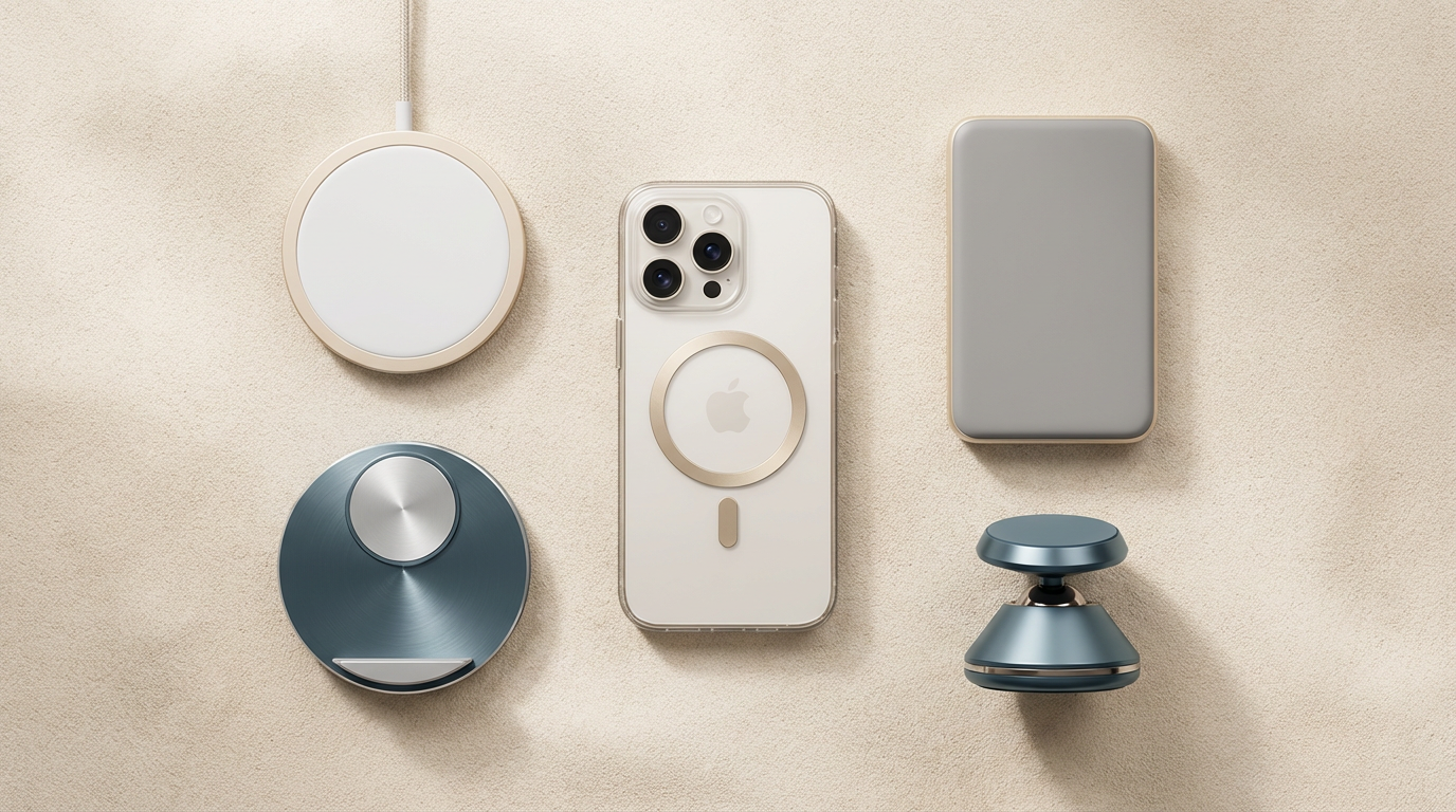 5 accesorios magnéticos para iPhone que SÍ valen la pena en 2026 minimalist flat lay of magnetic iphone accessories